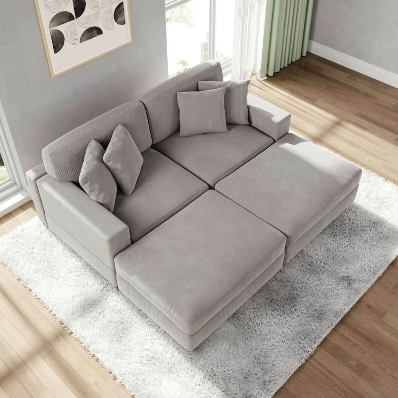 Modular Corduroy Sectional Sofa Set Chaise Couch with Ottoman