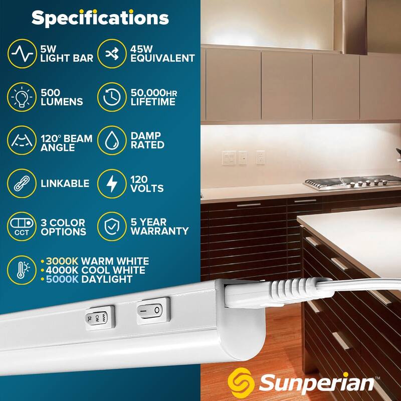 Sunperian LED Under Cabinet Light Kit 12" Plug In 30W Linkable 3 Color Option 3000K/4000K/5000K Damp Rated