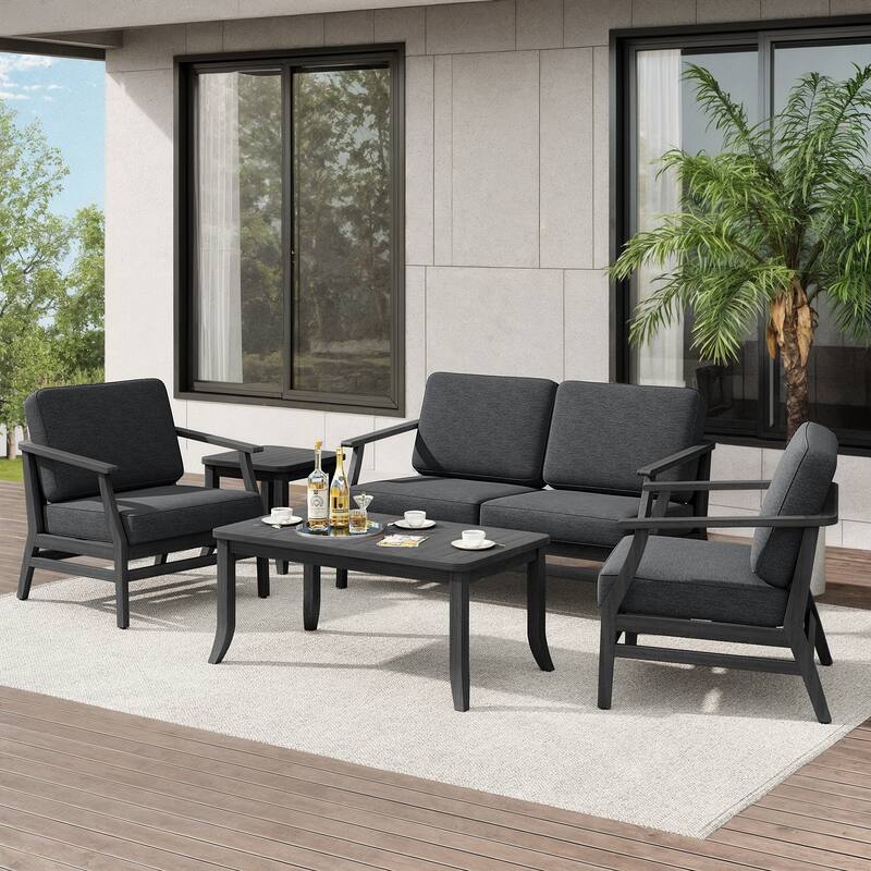 Teak Outdoor Patio Seating Set with Loveseat, Chairs and Tables (5-Piece) - Dark Grey - Black Wood