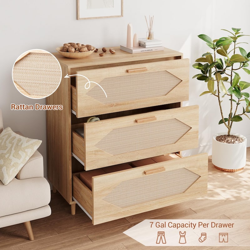 3 Drawer Rattan Dresser for Bedroom, Modern Wood Chest of Drawers with Rattan Accents