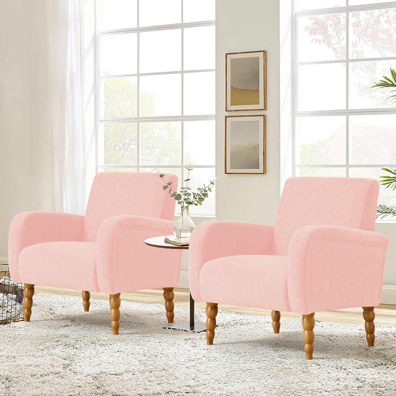Fabric Armchair Accent Chair with Arms Wood Legs Set of 2 Pink