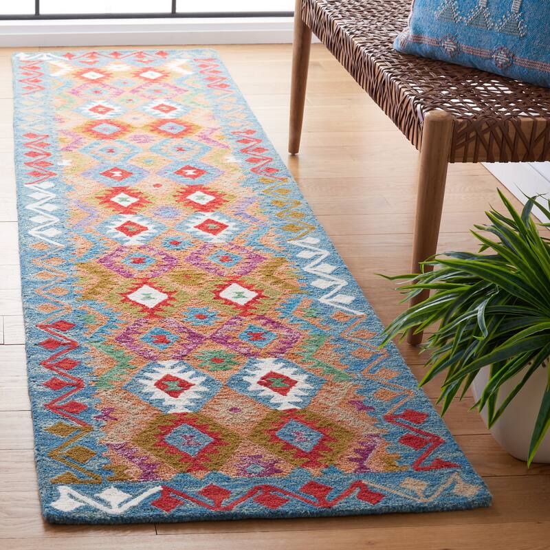 SAFAVIEH Handmade Aspen Joukje Boho Wool Rug - 2'3" x 9' Runner - Light Blue/Beige