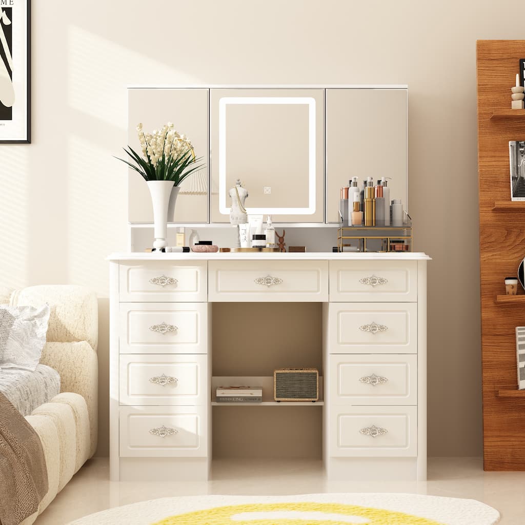 LED Makeup Vanity Table with Touch Control Mirror, 3 Color Lighting Modes, Jewelry Storage Drawers & Power Outlet