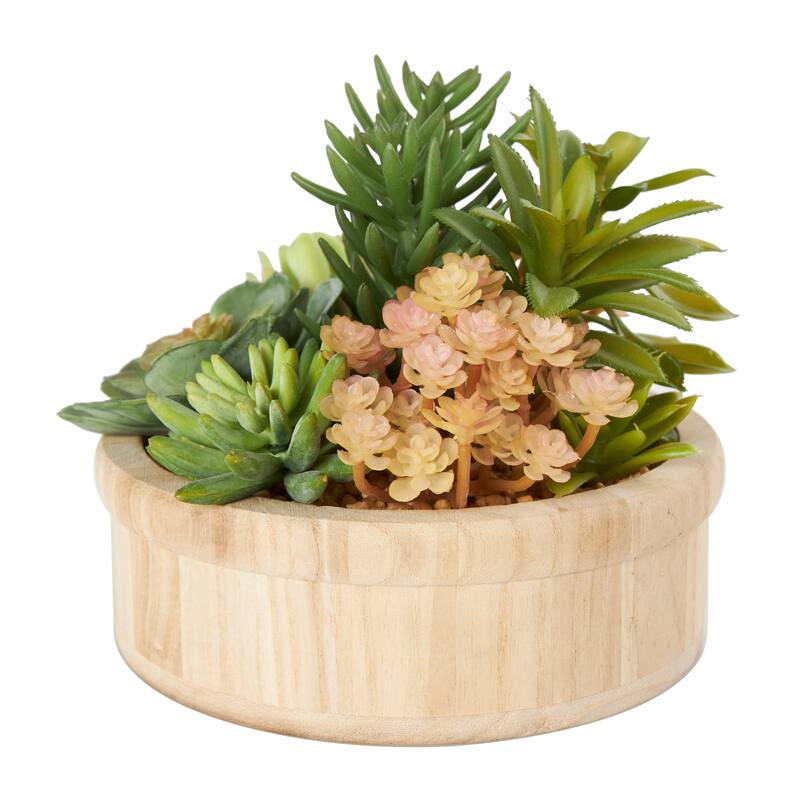 Faux Foliage Artificial Plant with Brown Wooden Pot - Green - Roche River Decor - 8"W x 8"L x 7"H