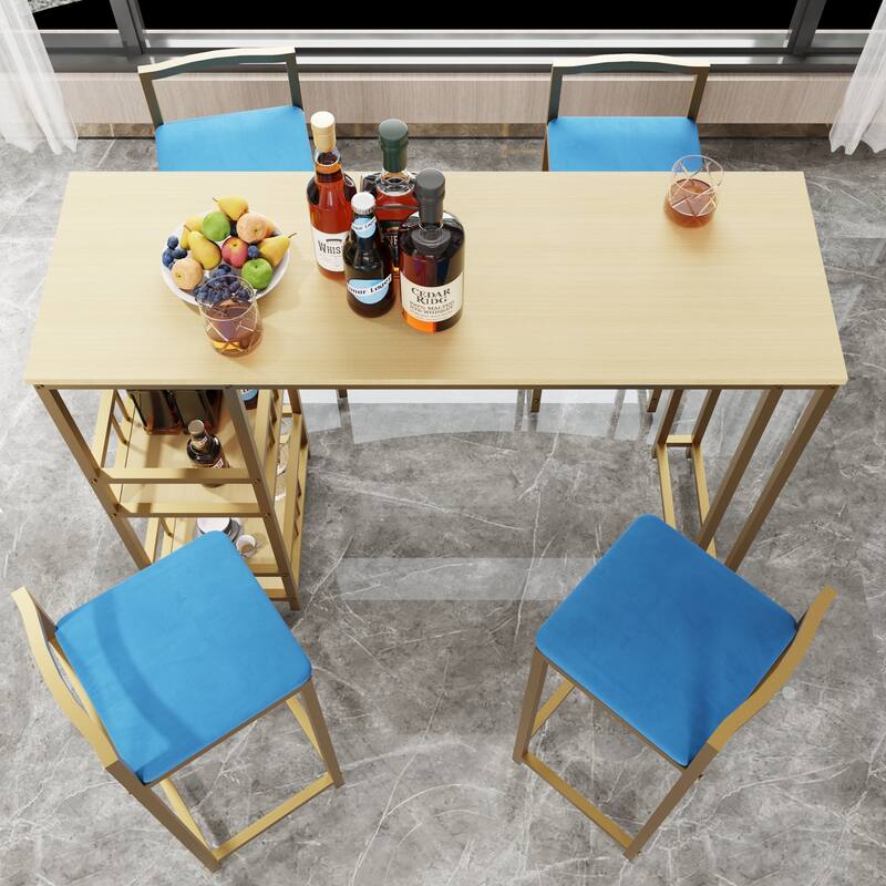 Bar table and chair five piece set, frame, multi-layer tabletop, chair cushion and backrest made of sponge - Gold,Light Beige,Navy Multi