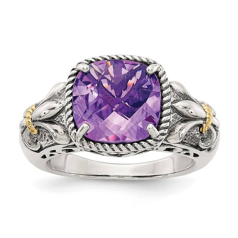 Curata 925 Sterling Silver Polished Prong set With 14k Amethyst Ring