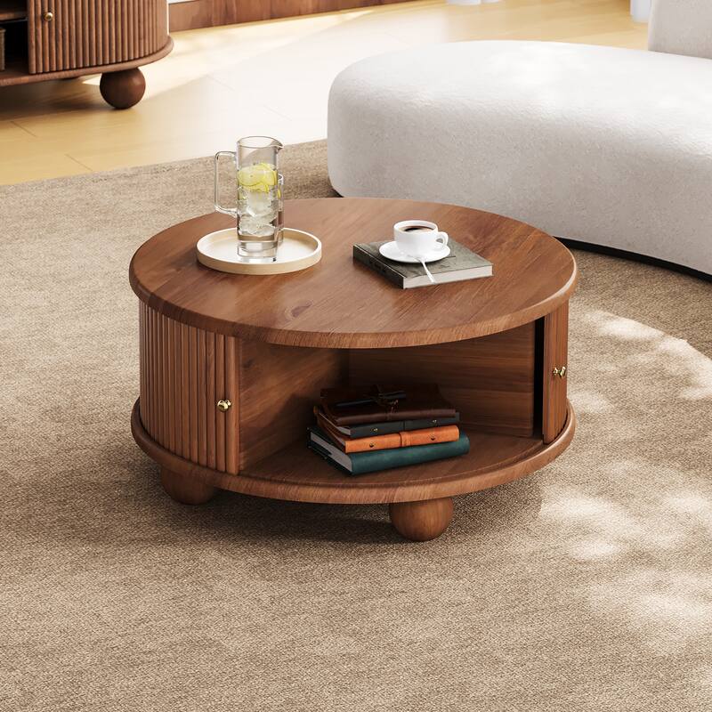 Round Fluted Coffee Table with Storage, Pine Solid Wood, Sliding Door - Walnut