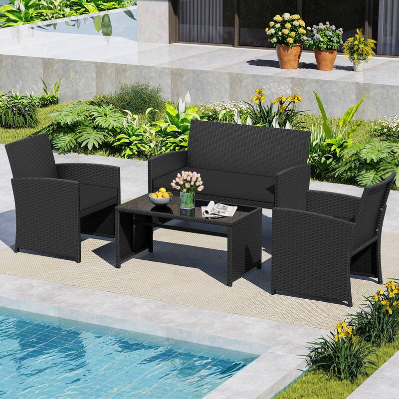 4 Piece Outdoor Patio Furniture Set Black Rattan Loveseat Armchairs and Coffee Table with Cushions