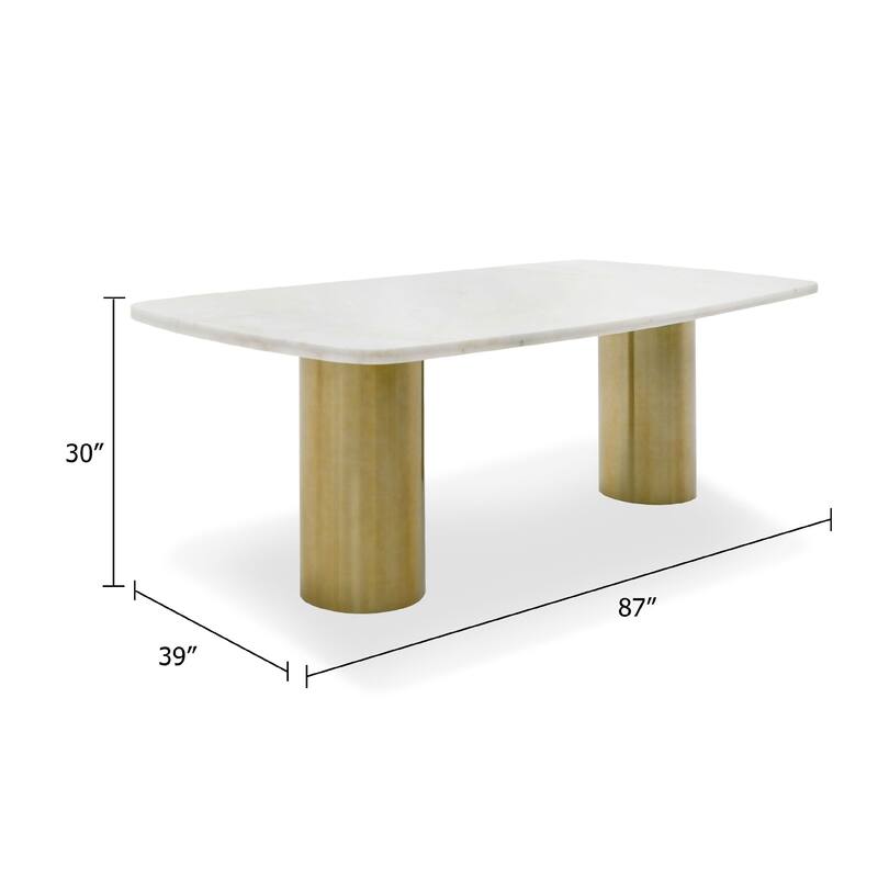 Cid Roci Dining Table, 87 Inch White Marble Top, Brushed Gold Metal Base - White, Brushed Gold