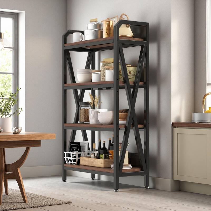 56.30" Bakers Rack 4-Level Storage Shelves Metal and Wooden Kitchen Shelves, Kitchen Organizers and Storage