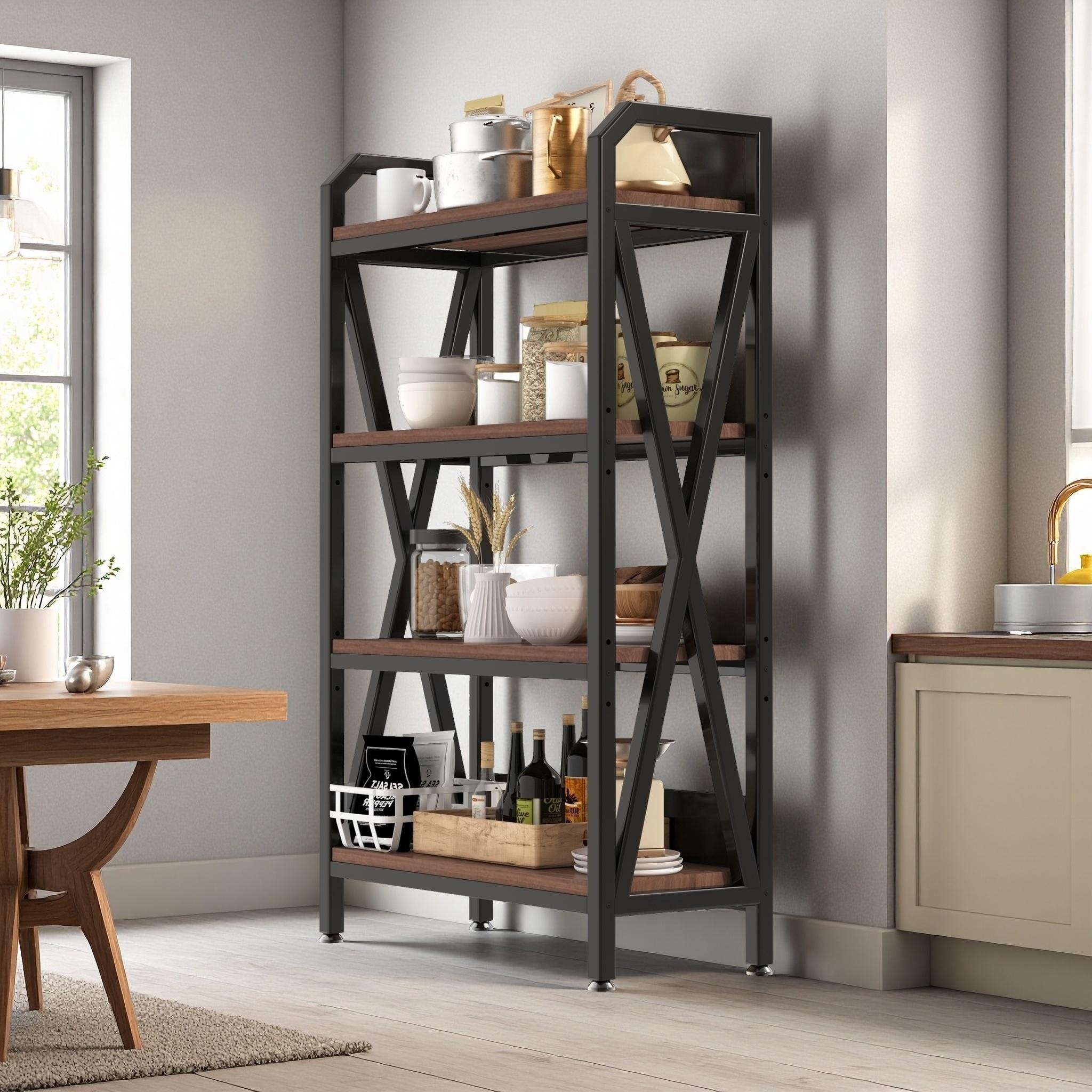 56.30'' Bakers Rack 4-Level Storage Shelves Metal And Wooden Kitchen Shelves, Kitchen Organizers And Storage
