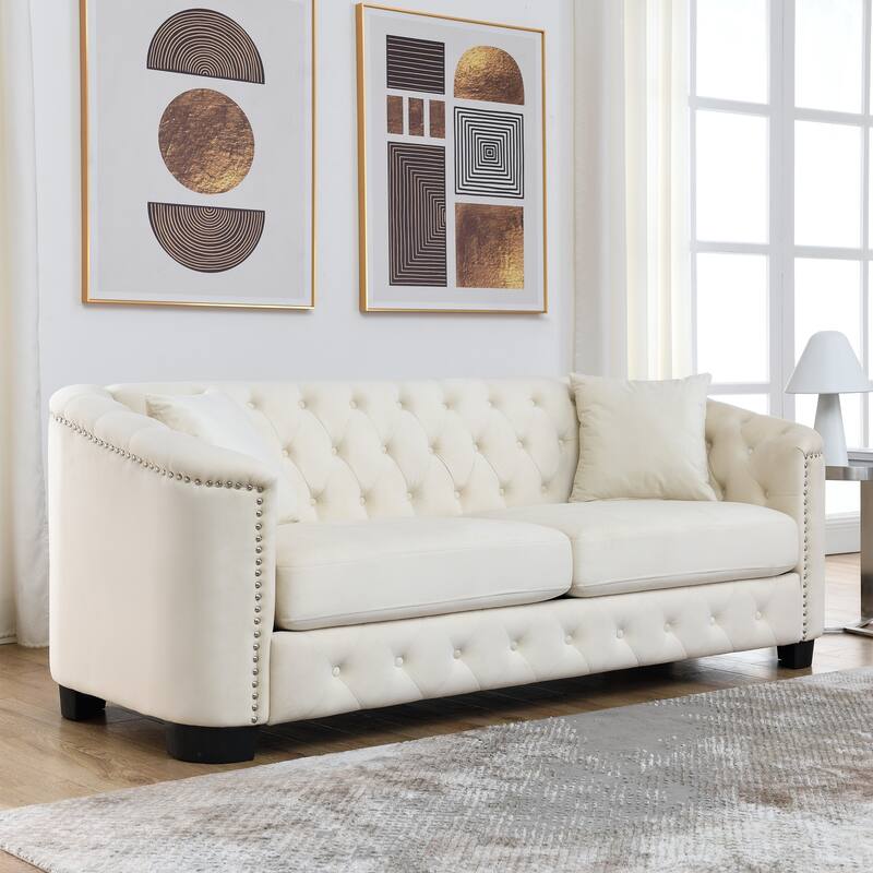 Modern Chesterfield Velvet Sofa, 3-Seater Sofa,Upholstered Tufted Backrests with Nailhead Arms and 2 Cushions