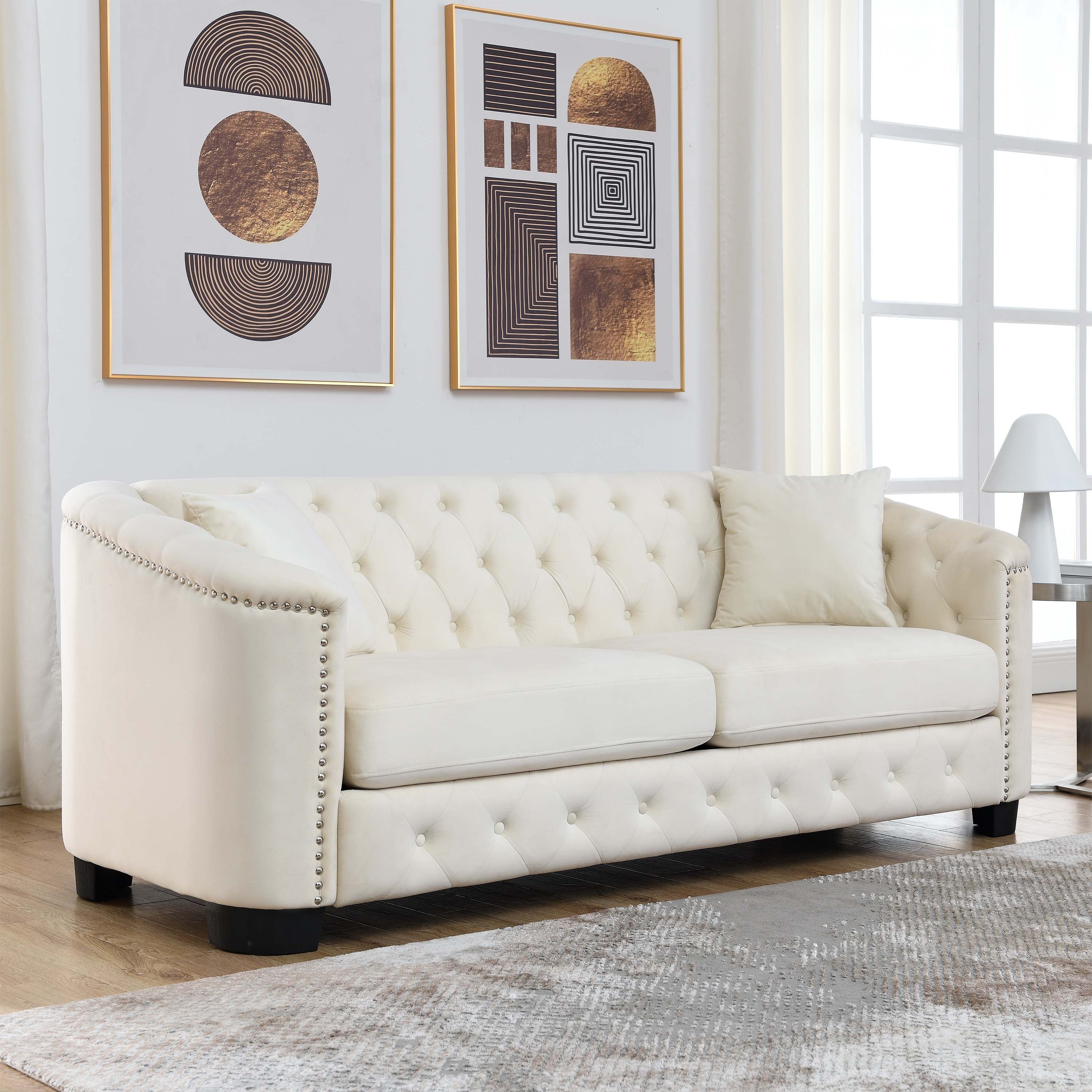 Velvet Sofa Couch 3-Seater Sofa with Nailhead Trim & Armrests, Beige Upholstered Sofa Couch with Tufted Backrest