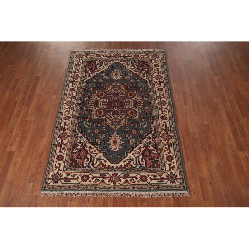 Blue Geometric Heriz Serapi Indian Area Rug Hand-Knotted Wool Carpet - 4'2"x 6'1"