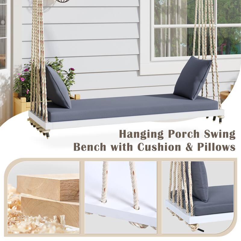 Acacia Wood Swing Chair, Hanging Porch Bench with Cushion & Pillows, 400lb Capacity & 10.8ft Ropes