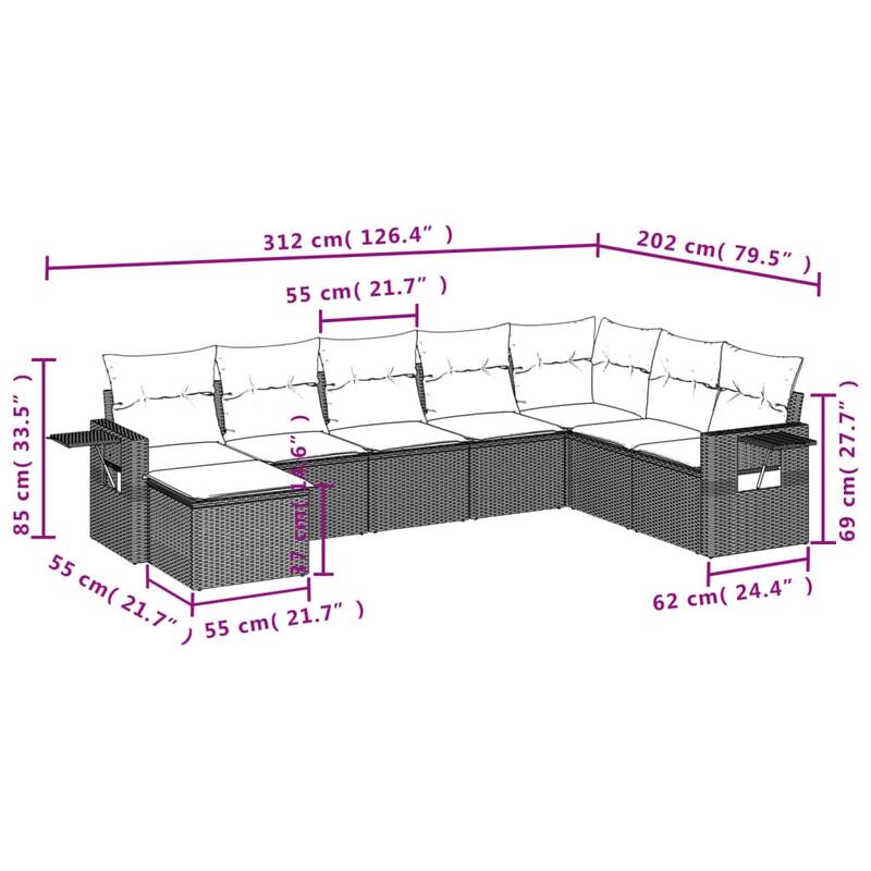 vidaXL Patio Sofa Set with Cushions Outdoor Conversation Furniture Poly Rattan - 24.4 x 24.4 x 27.2
