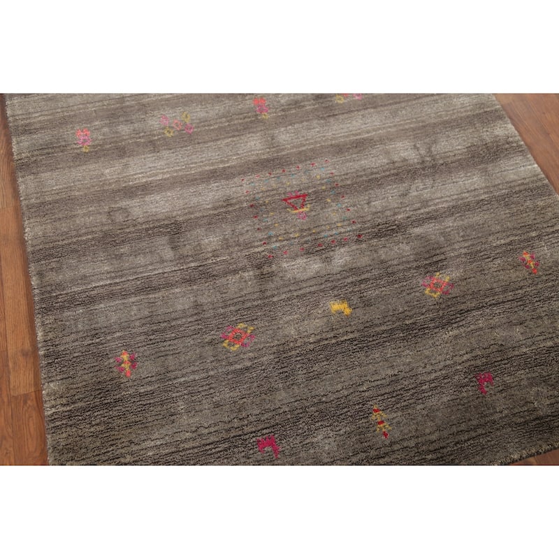 Striped Brown Gabbeh Indian Area Rug Hand-Knotted Wool Carpet - 3'11"x 6'1"