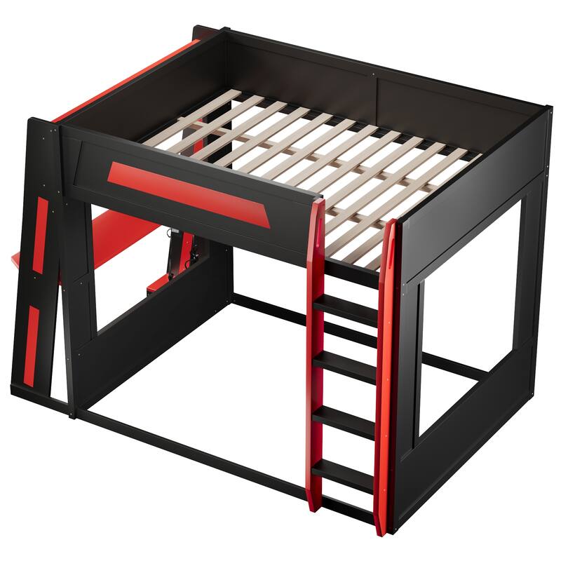 Gaming Bunk Bed with Computer Desk, Storage Shelves, USB Port and LED Strip Lighting, Esports Design, Wooden Gaming Bed