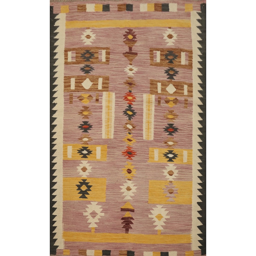 Hand Woven Oriental 100% Wool Carpet Southwestern Tribal Pink Kilim Area Rug - 5' 7'' X 3' 11''