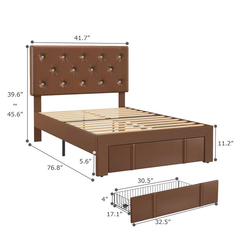 VECELO Bed Frame with Storage Drawers Leather Upholstered with Diamond Tufted Headboard Solid Wood Slat Support