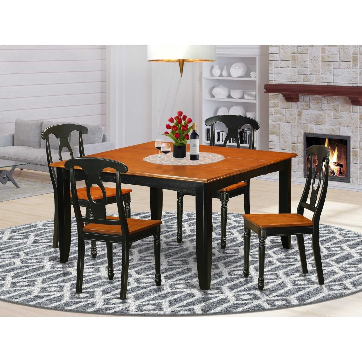 HomeStock 5-Piece Square Black and Cherry Finish Solid Wood Top Dining Table with 4 Chairs