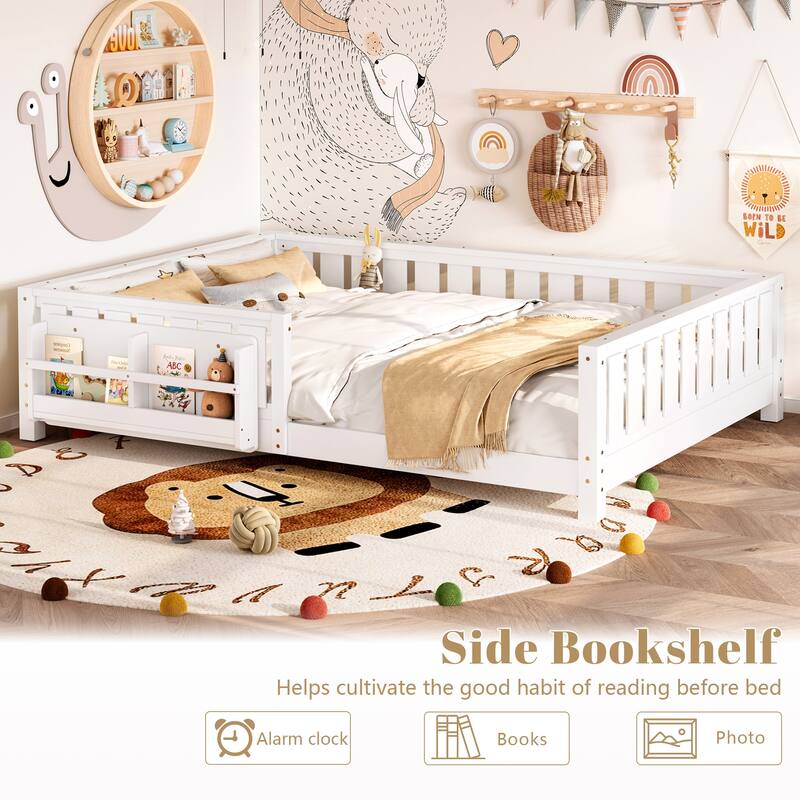 Montessori Floor Bed Low Profile Kids Bed with Rails & Bookshelf