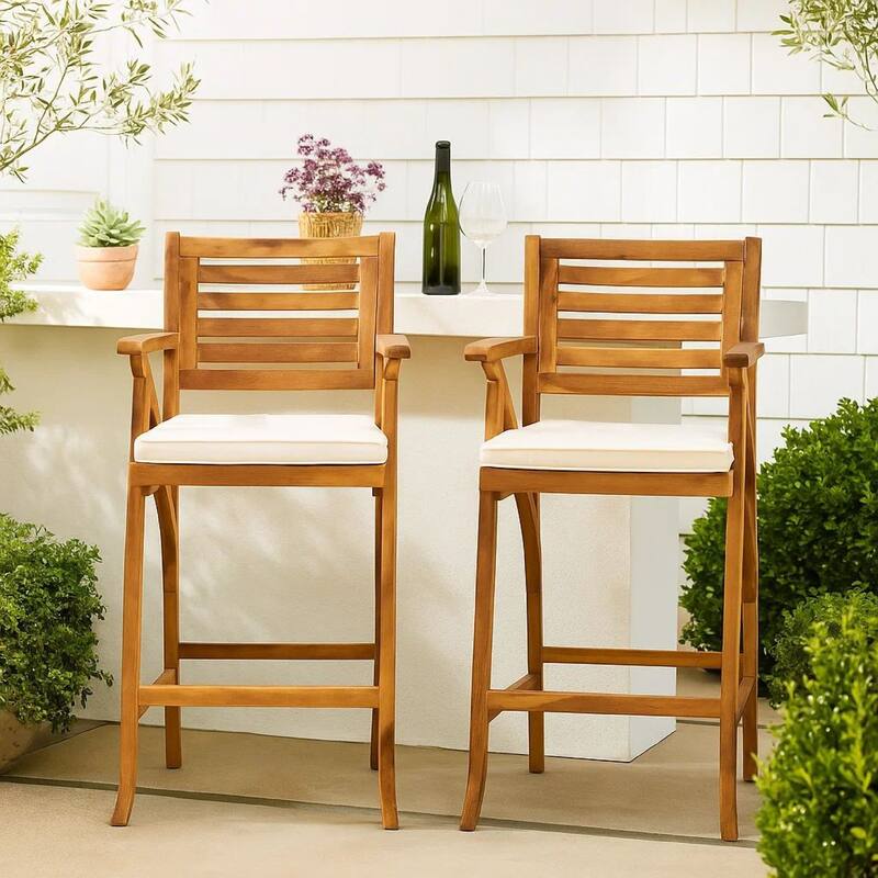 Olen Outdoor Barstool Chair Set of 2, Beige Polyester Brown Solid Wood