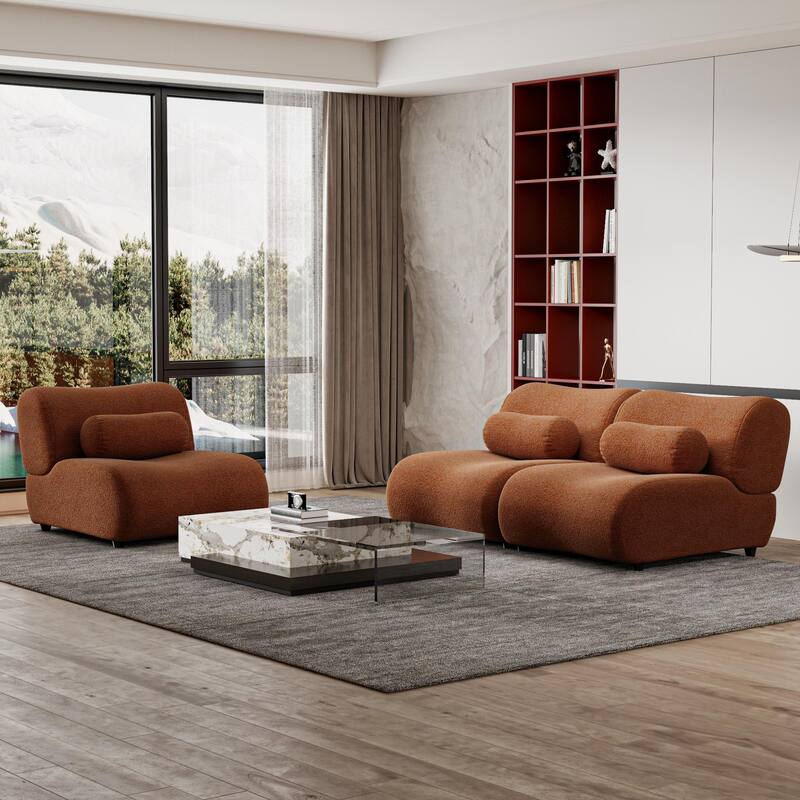 Chenille Modular Sectional Sofa Set, 3-Seater with Curved Design - Orange