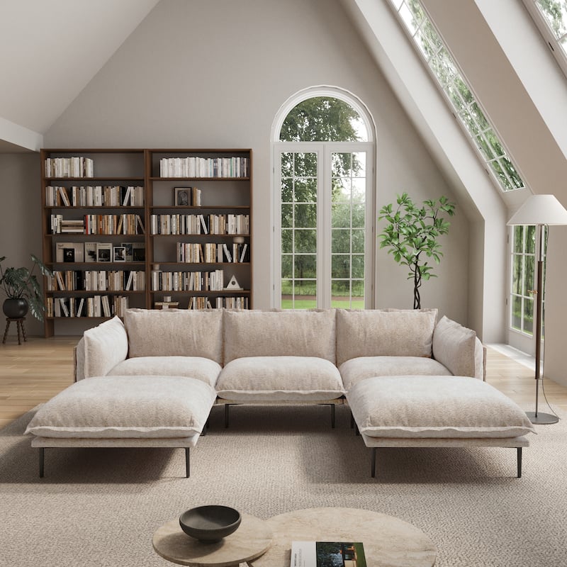 Living Room Furniture Velvet Sectional Sofa Modern Modular Sofa Deep Seat Upholstered Cloud Couch with 2 Ottomans - Tan