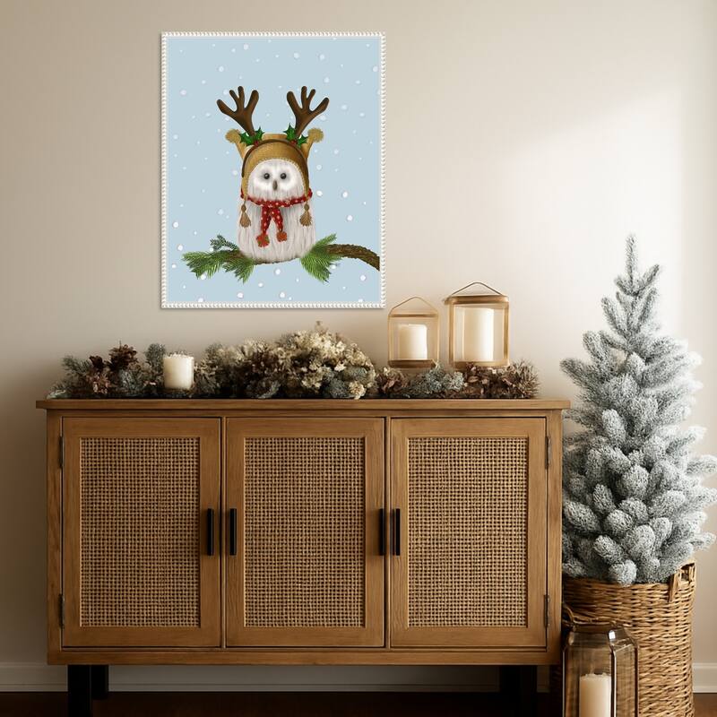Christmas Fluffy Owl and Antlers by Fab Funky (23 x 28 in.), Framed Canvas Wall Art Print - Sylvie Beaded White
