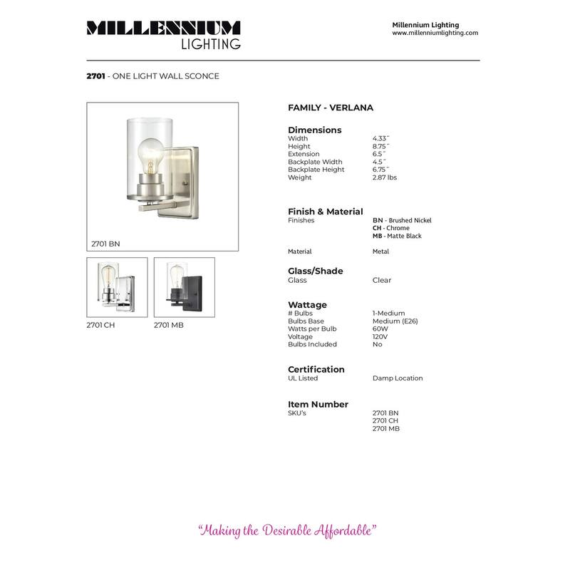 Millennium Lighting Verlana 1-Light Wall Sconce in Multiple Finishes with a Clear Glass Shade