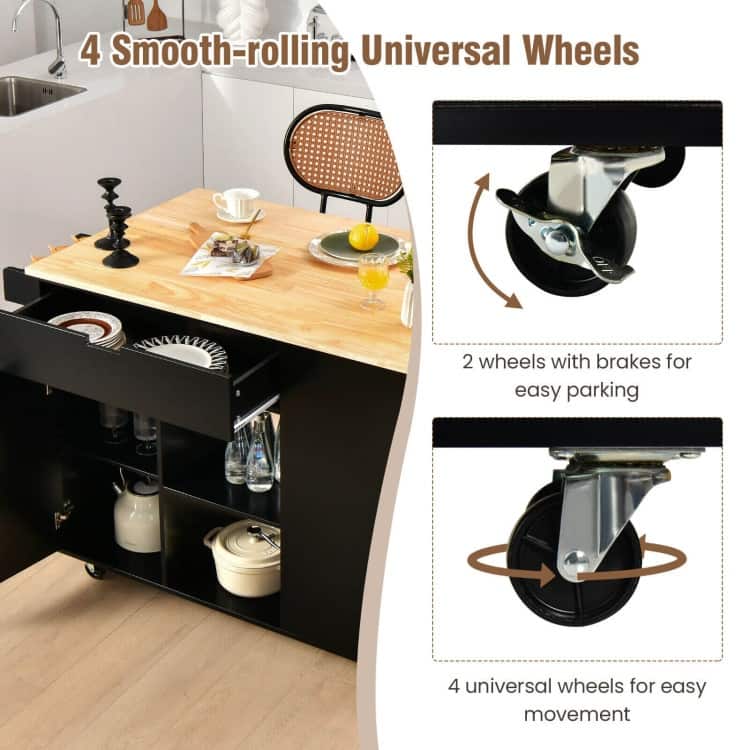 Drop-Leaf Kitchen Island with Rubber Wood Top - 49" x 30" x 36"(L x W x H)