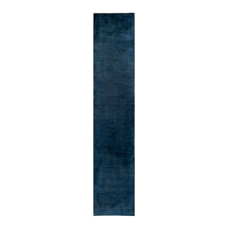Overton Hand Knotted Wool Vintage Inspired Modern Contemporary Overdyed Blue Runner Rug - 2' 7" x 13' 9"