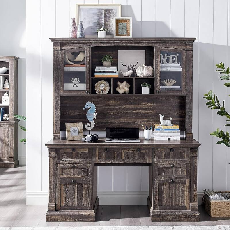 Farmhouse Computer Desk with Hutch, Wood Home Office Desk