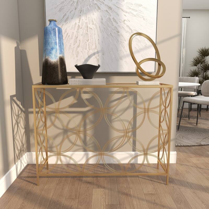Gold Metal Open Style Quatrefoil Frame Geometric Console Table with Glass Top