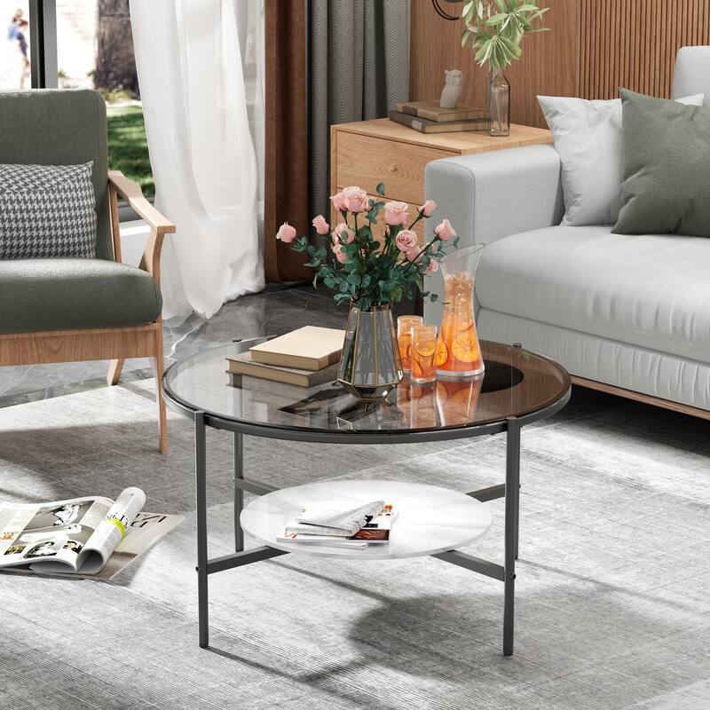 2-Tier Round Coffee Storage Table with Tempered Glass Top and Sintered Stone Accent Table - Grey