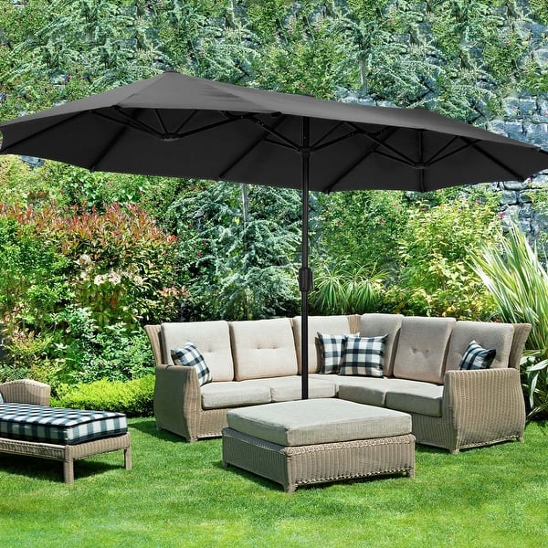 ainfox patio umbrella 13ft Large Umbrella, Outdoor Double-Sided Rectangle Market Heavy Duty Umbrellas without Base Green with an air vent for airflow and inversion prevention Ainfox 15Ft Patio Umbrella with