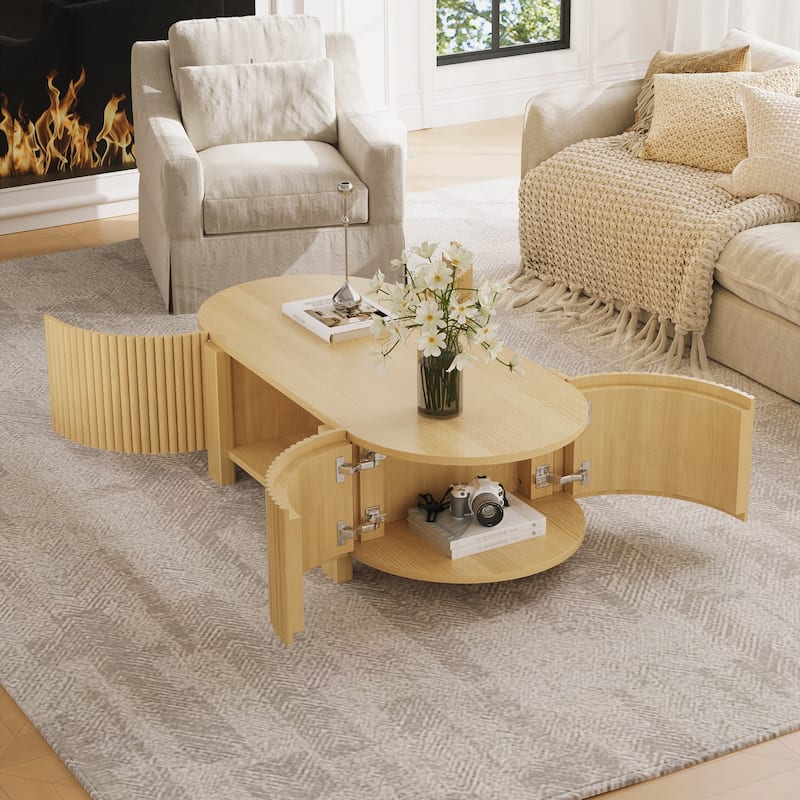 Oval Fluted Coffee Table with Storage for Living Room