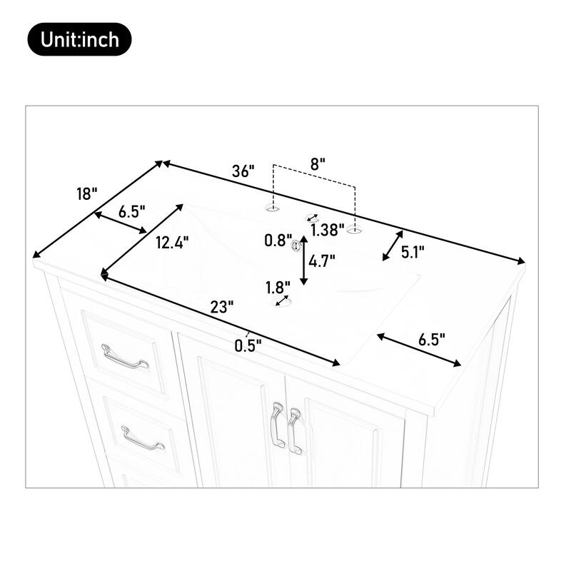 36 Inch Bathroom Vanity With Sink, One Cabinet With Soft-Closing Doors, 4 Soft-Closing Drawers, Metal Handles
