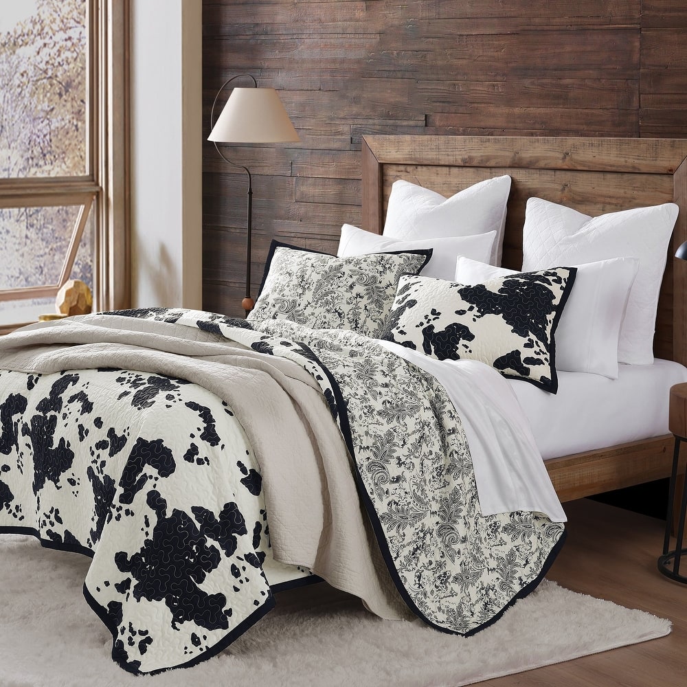 Indigo Hill by HiEnd Accents Clara Cow Print and Paisley 3 Piece Reversible Quilt Set, Cotton Rustic Farmhouse Western Bed Set