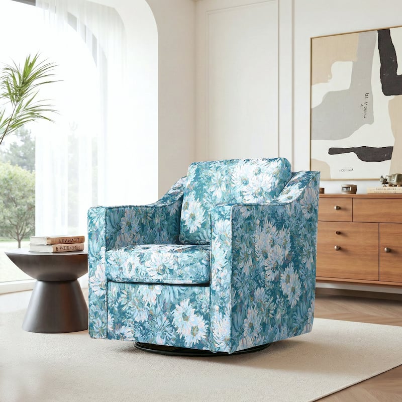 Patterned Linen Swivel Armchair Floral Accent Chair for Living Room