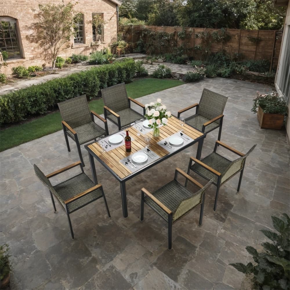 All Weather 7-Piece Patio Dining Table Sets,Acacia Wood Table Top