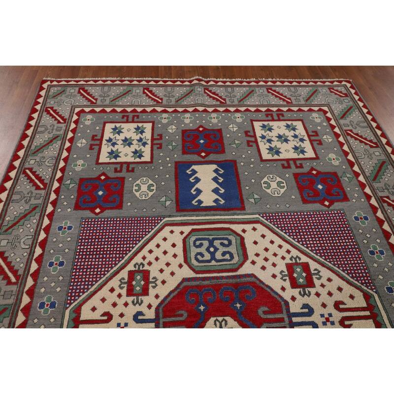 Geometric Gray Kazak Oriental Area Rug Handmade Wool Carpet - 6'4" x 10'0"