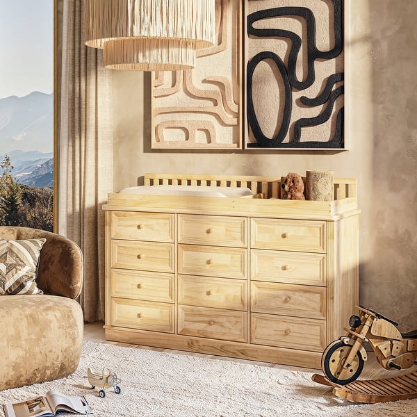 slide 2 of 18, Pine Wood Baby Changing Table with 12 Large Drawers Natural Finish Convertible Nursery Dresser Chest - 59.9"x40.2"