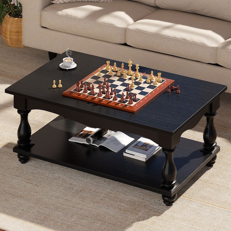 French Country Coffee Table with Storage Shlef, Farmhoues Retangular Living Room Table