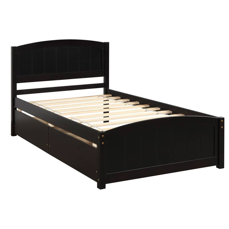 Twin Size Platform Bed with Two Drawers, Minimalist Design, Solid Pine Wood Frame