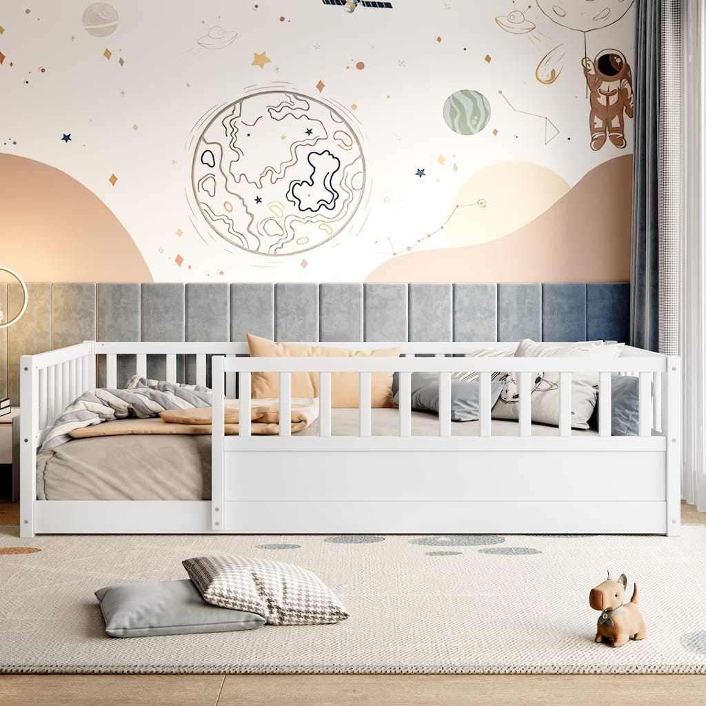 Full/Twin Montessori Floor Bed with Security Barrier & Door - Children's Wooden Bed Frame