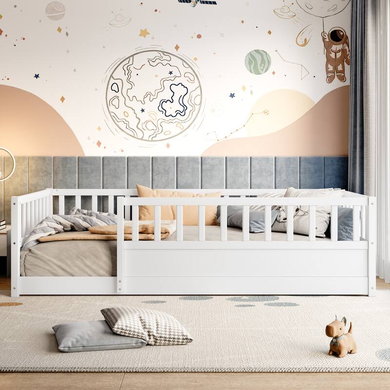 Twin Size Floor bed, integral construction with super high security barrier, door, children's floor bed frame - White