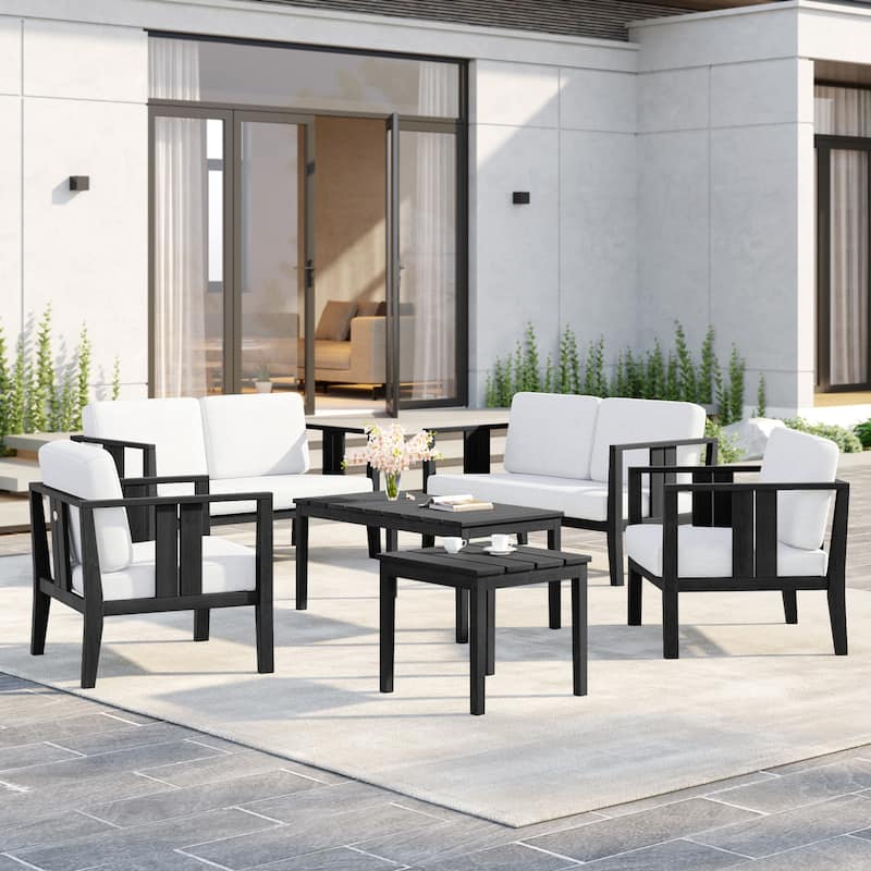 6-Piece Outdoor Furniture Solid Teak Patio Conversation Set with Table - Beige - Blackframe
