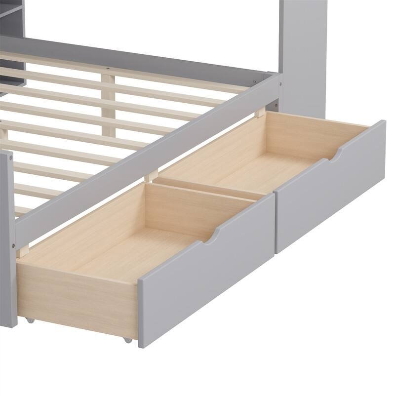 Wooden Daybed with 2 Storage Drawers and Study Desk, Twin/Full Size Daybed Frame Sofa Bed with Storage Shelves and Cabinets